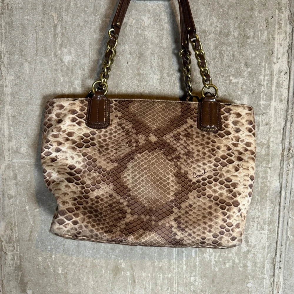 Rare 00's Coach Python Snake Print Tote Brown Leather Gold Chain Bag 20482